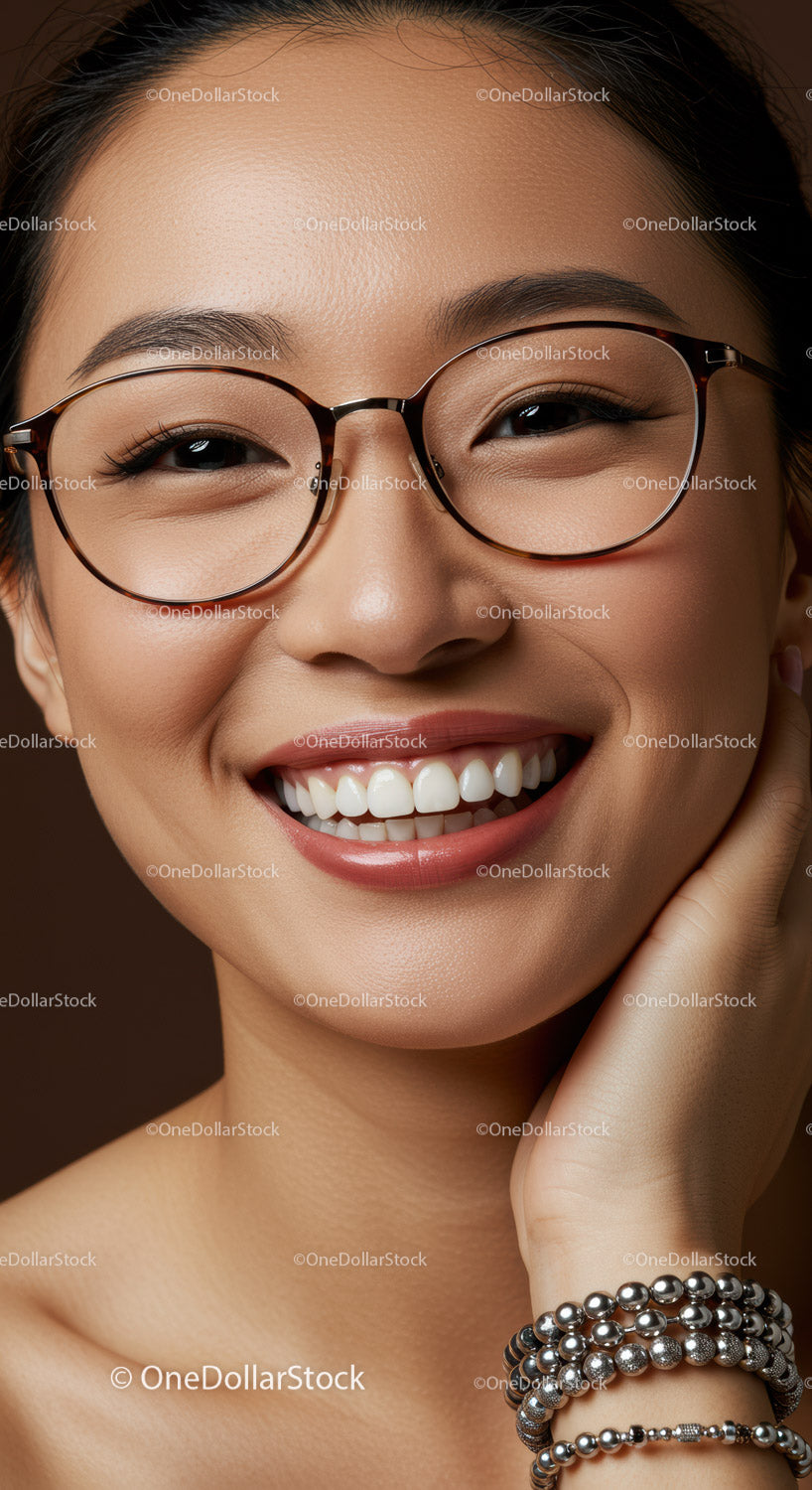 Smiling woman with glasses and beaded bracelets closeup