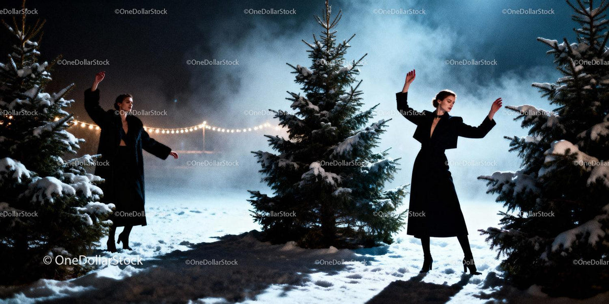 Elegant woman dancing gracefully among snowy fir trees