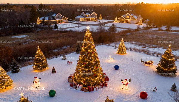 Decorated Christmas Trees and Lights in Snowy Neighborhood