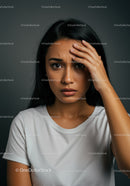 Expressive Woman with Concerned Look in Modern Indoor Portrait