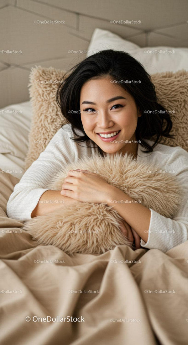 Smiling young woman relaxing with fluffy pillow in bed