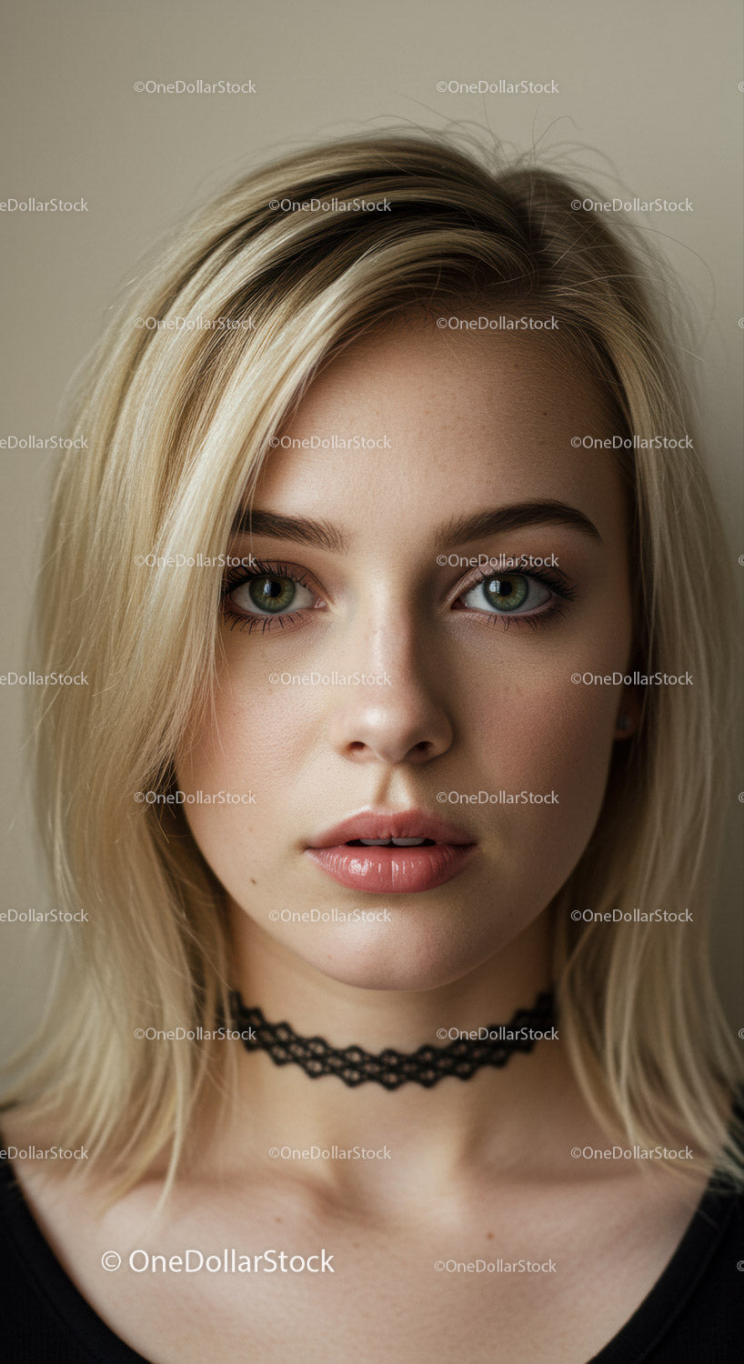 Portret młodej kobiety o blond włosach i zielonych oczach