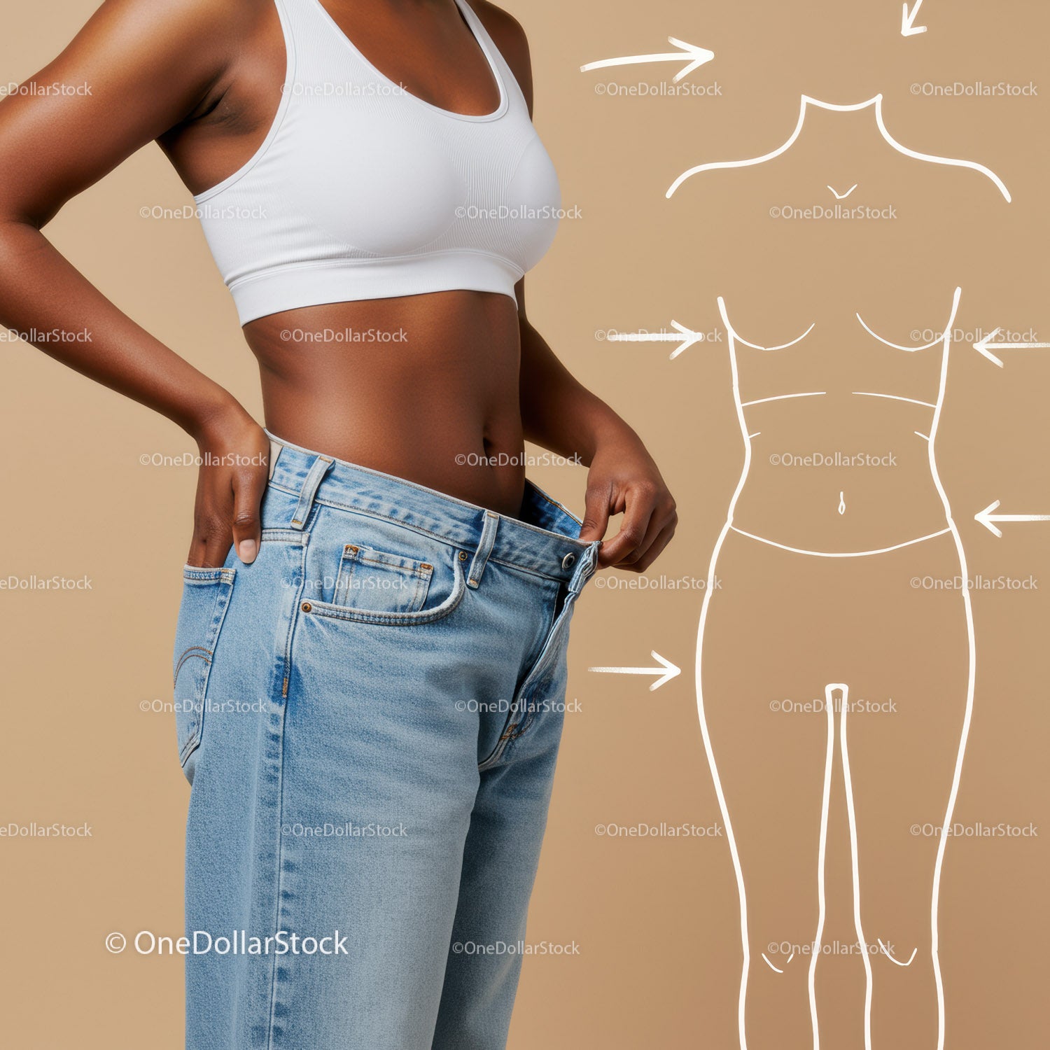 Woman Measuring Waist with Loose Jeans and Casual Top