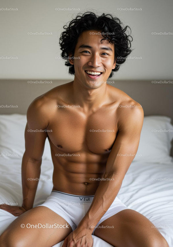 Smiling young man sitting relaxed on bed in white underwear