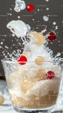 Dynamic Water Splash with Red Berries and White Chocolate in Glass