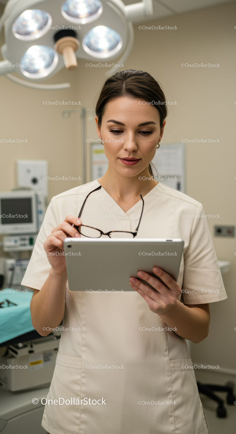 Pracownik służby zdrowia korzystający z tabletu cyfrowego w nowoczesnym środowisku szpitalnym