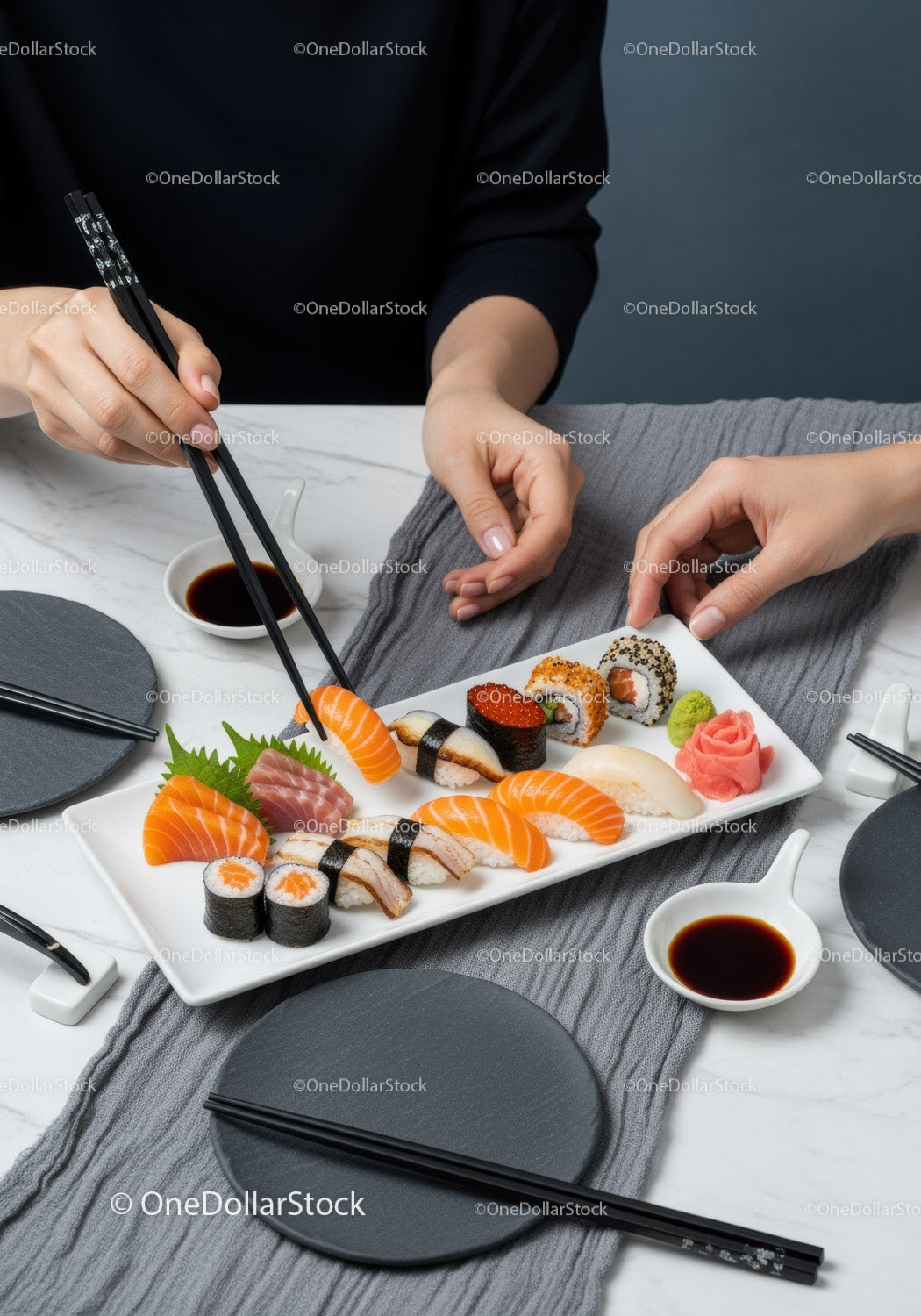 Fresh Sushi Platter with Various Nigiri and Sushi Rolls for Dining