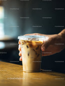Ice Coffee in Plastic Cup with Ice Cubes on Wooden Surface