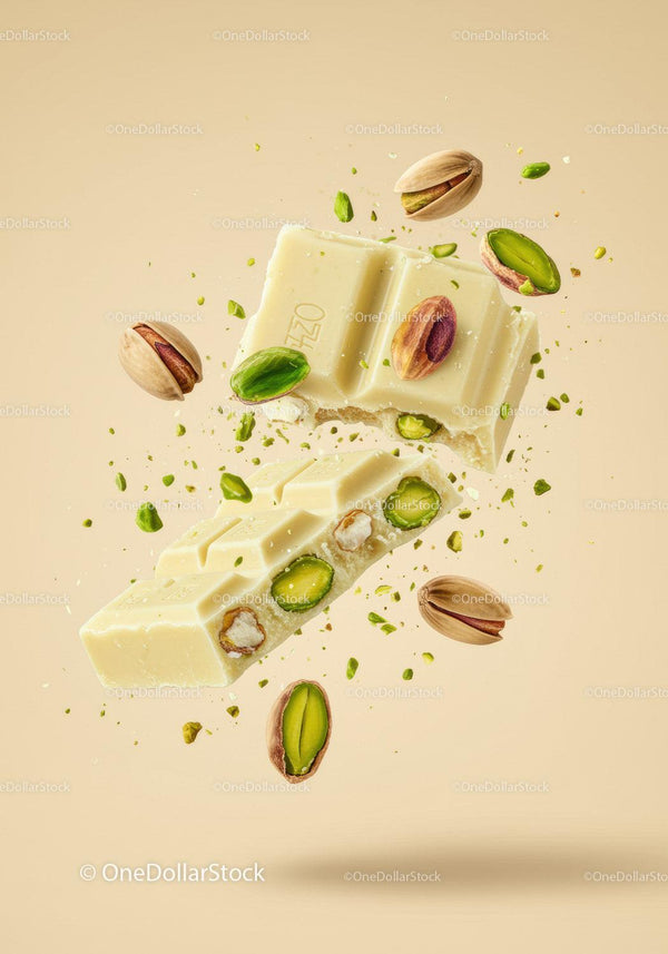White Chocolate Bar with Pistachios in Midair