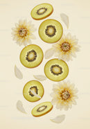 Golden kiwi slices with soft yellow dahlia flowers