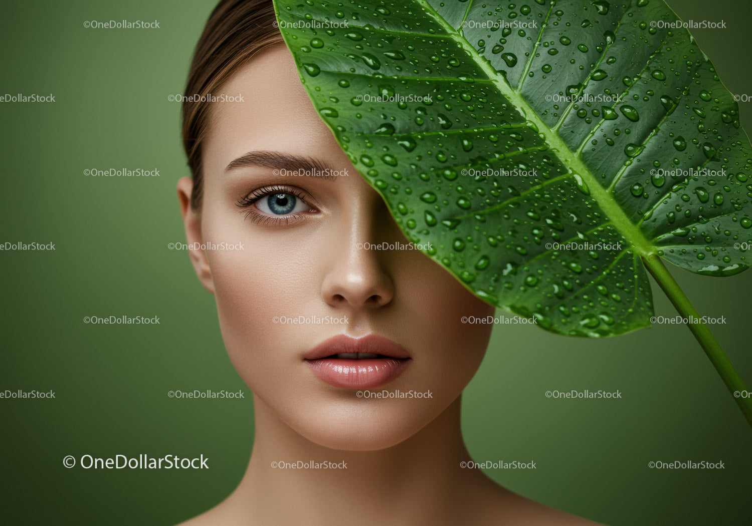 Elegancka kobieta z zielonym liściem i kroplami wody dla naturalnego piękna