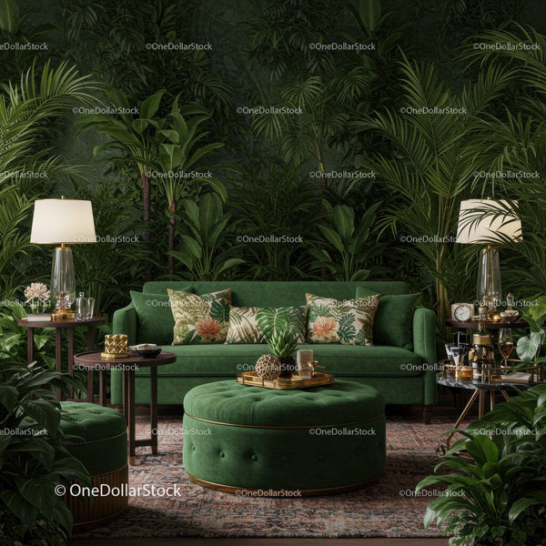 Elegant green living room with tropical botanical decor