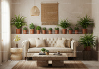 Neutral toned living room with abundant green plants