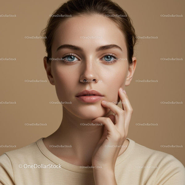 Portrait of a Young Woman with Clear Skin and Blue Eyes in Soft Lighting