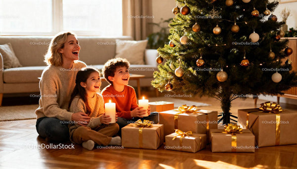 Mother and children enjoying Christmas by decorated tree