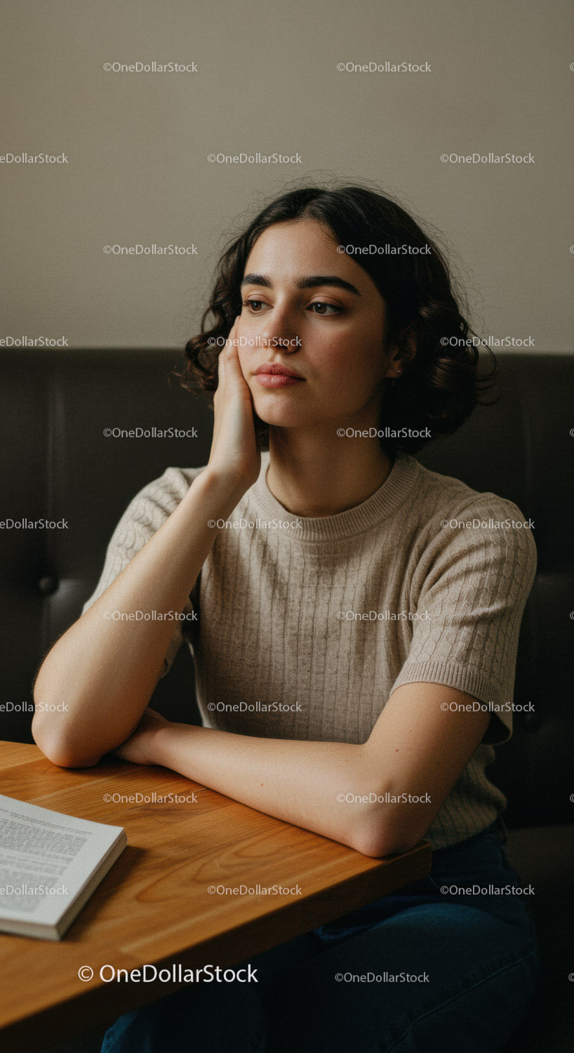 Contemplative Young Woman Sitting at Wooden Table in Cozy Indoor Environment