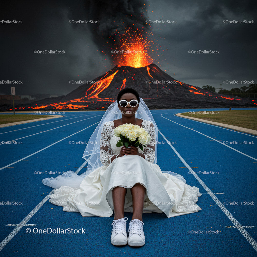Bride in Wedding Dress Amidst Erupting Volcano