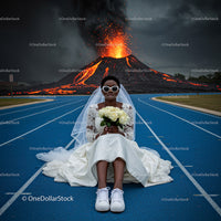 Bride in Wedding Dress Amidst Erupting Volcano