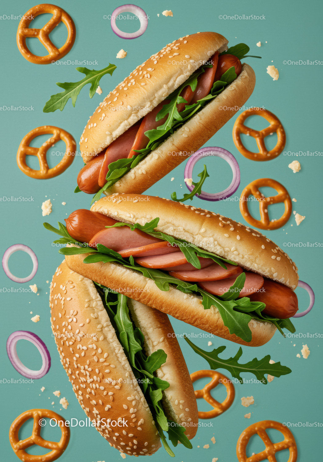 Delicious hot dogs with arugula and pretzels on turquoise