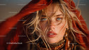 Stylish Young Woman with Blue Eyes Wearing Red Leather Jacket at Sunset