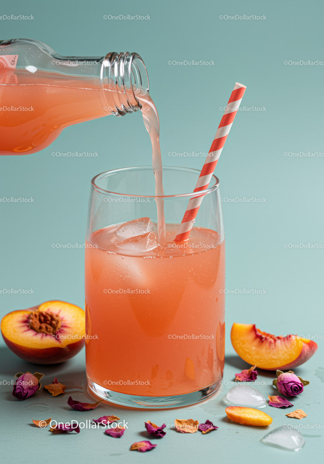 Refreshing Peach Drink Poured Over Ice with Floral Accents
