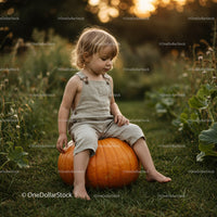 Young child sitting on large pumpkin in garden