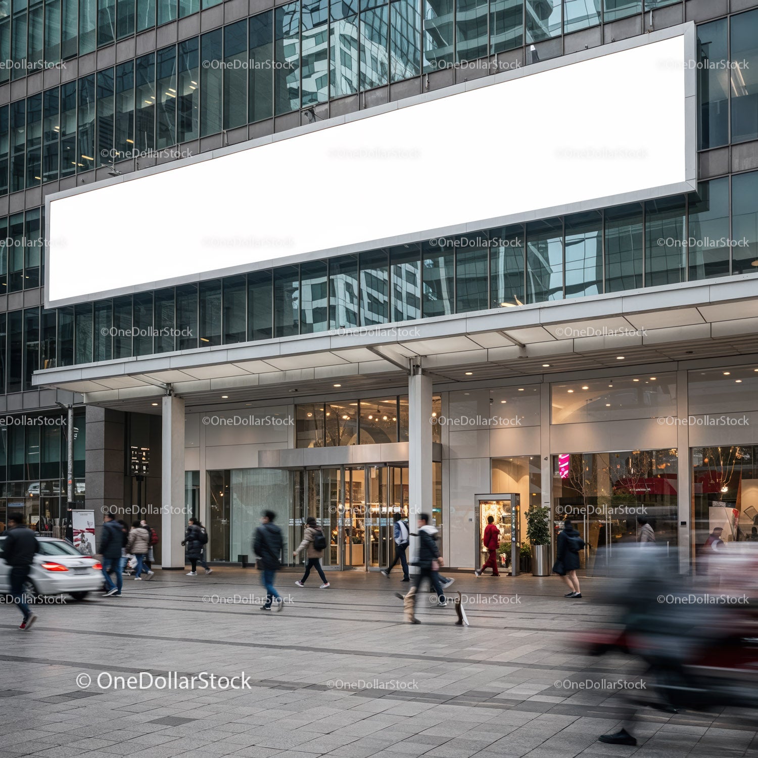 Busy urban street scene with modern glass building