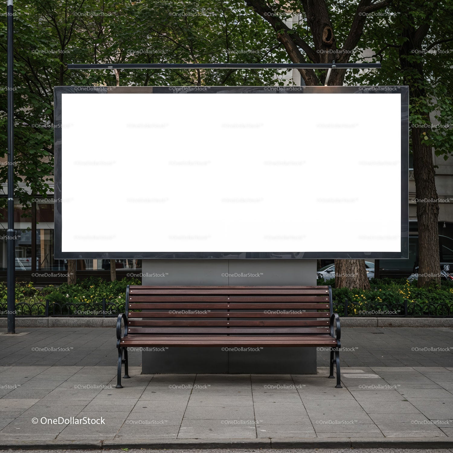 Empty urban bench with blank city billboard outdoors