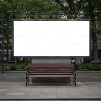 Empty urban bench with blank city billboard outdoors
