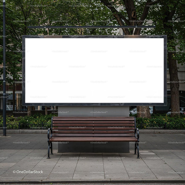 Empty urban bench with blank city billboard outdoors JPG Mockup Image