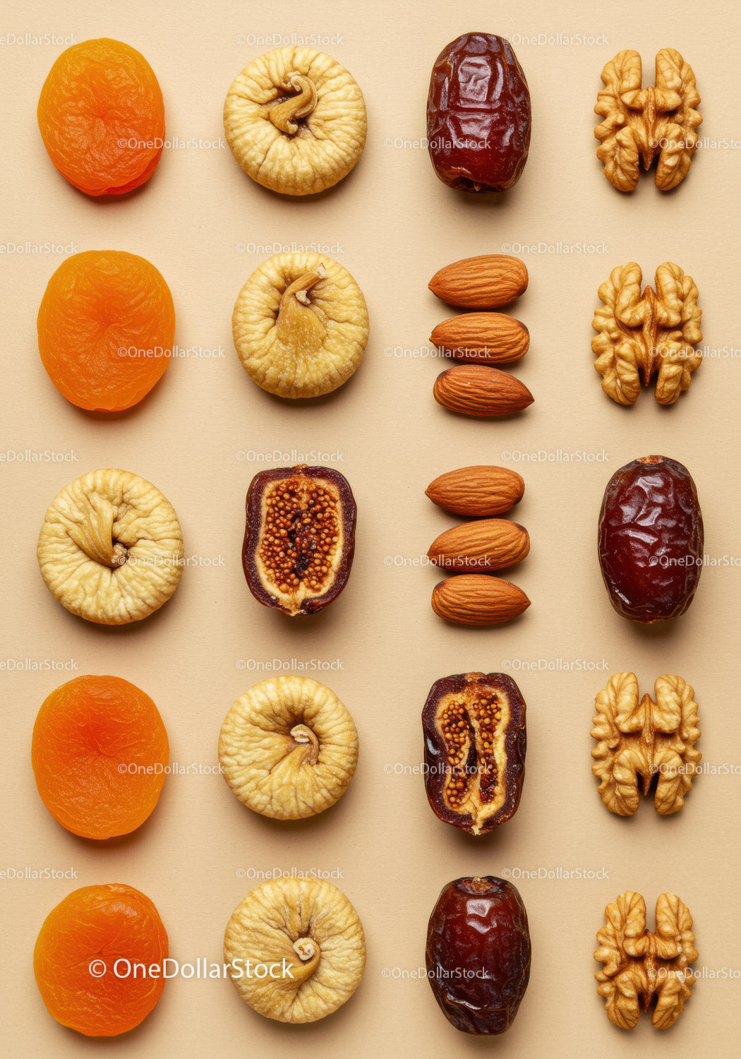 Neatly Arranged Dried Fruits and Nuts on Beige Surface
