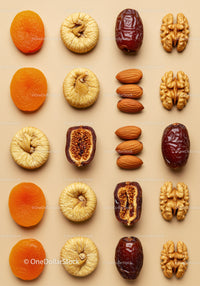 Neatly Arranged Dried Fruits and Nuts on Beige Surface