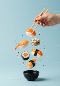 Hand Holding Chopsticks with Floating Sushi and Soy Sauce Bowl