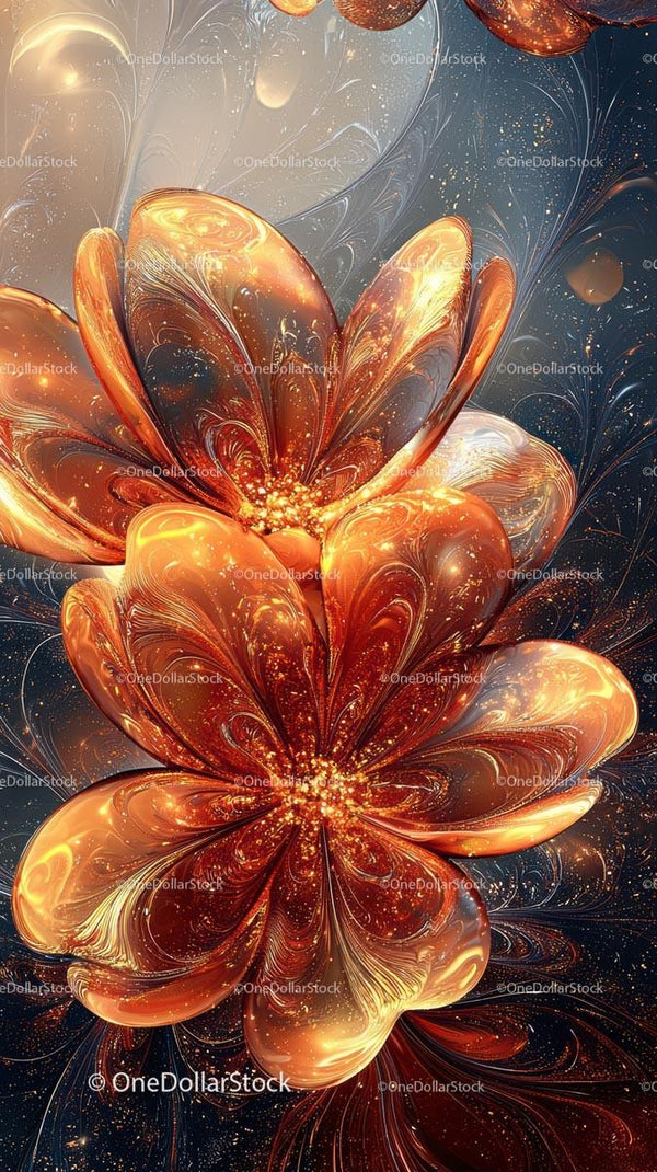 Beautiful Abstract Glowing Flowers in Fiery Orange and Gold