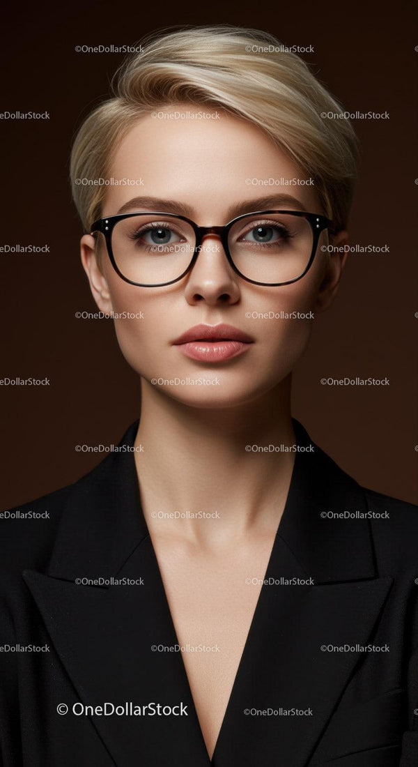 Elegant Woman Wearing Black Glasses with Short Blonde Hair
