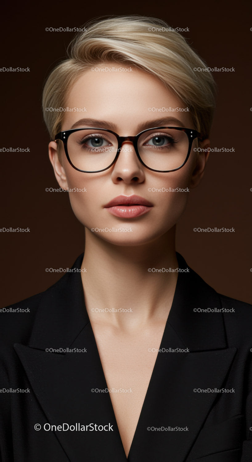 Elegant Woman Wearing Black Glasses with Short Blonde Hair