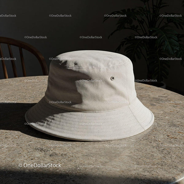 Beżowy kapelusz typu bucket na kamiennym stole w pomieszczeniu