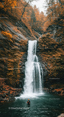 Autumn Forest Waterfall Scene with Climber in Mountain River