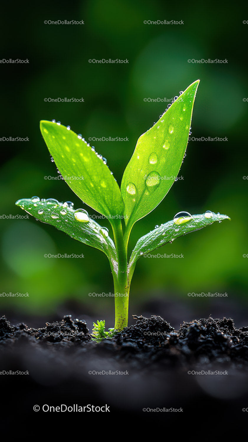 Fresh Green Seedling with Dew Drops in Natural Soil Landscape