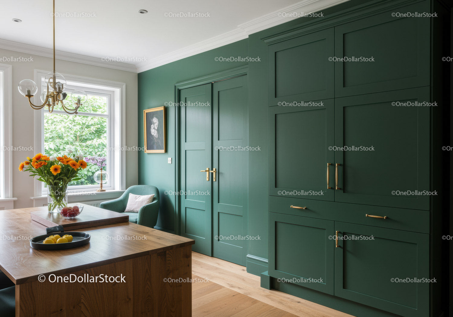 Stylish Green Kitchen with Wooden Dining Table and Bright Sunlight