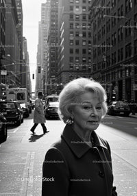Elderly Woman in Busy City Street Surrounded by Vintage Cars