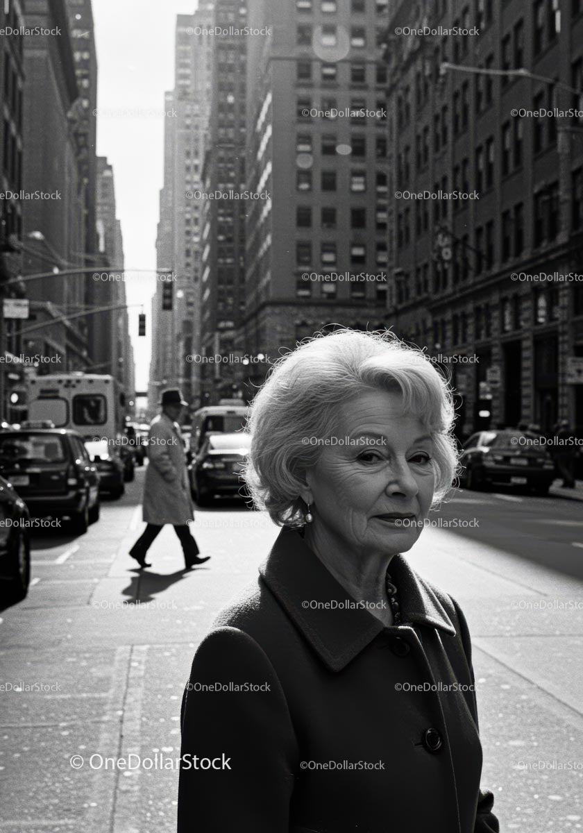 Elderly Woman in Busy City Street Surrounded by Vintage Cars
