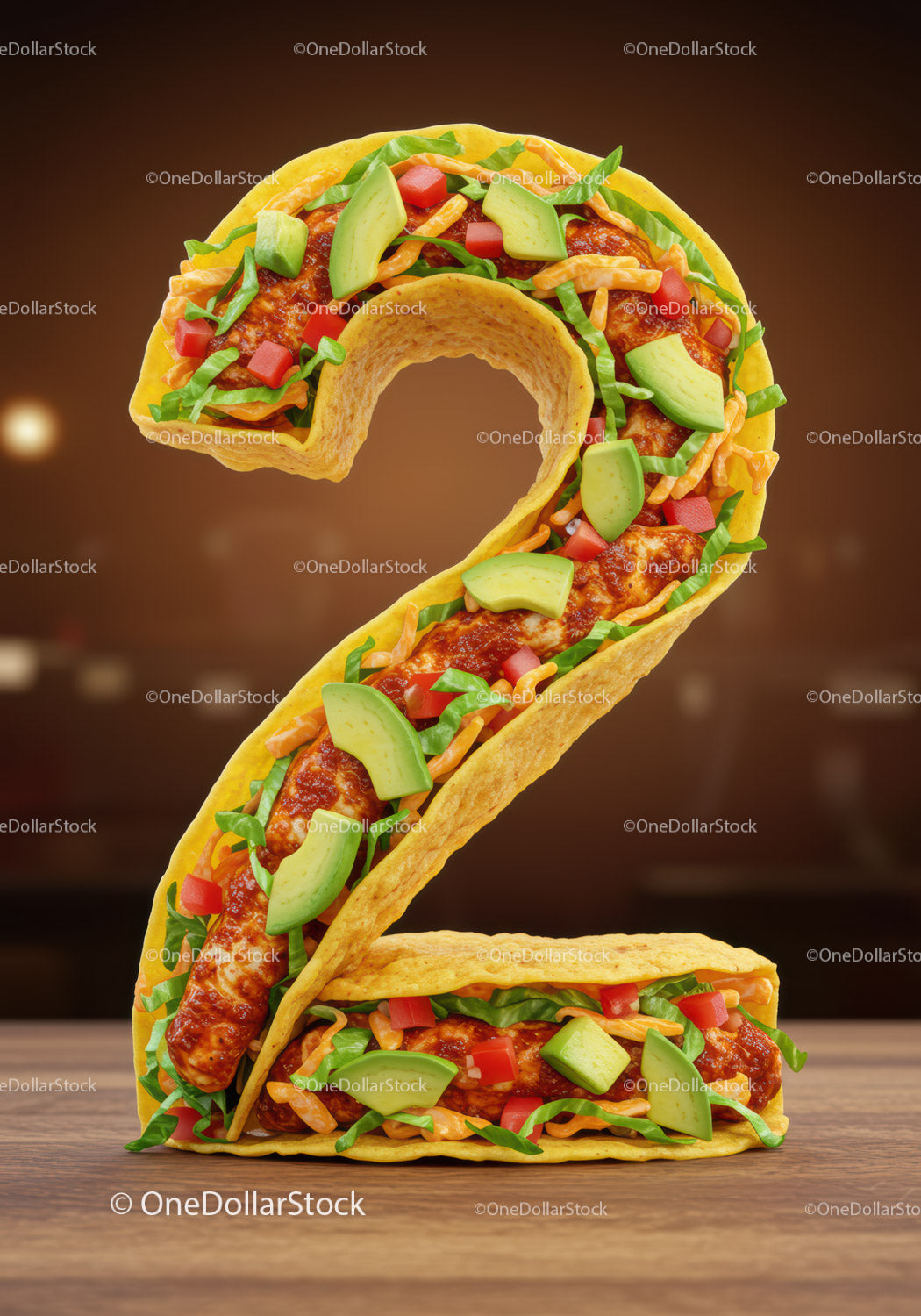 Taco w kształcie numeru dwa wypełnione świeżymi składnikami