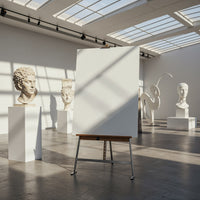 Empty easel in bright modern art gallery with sculptures