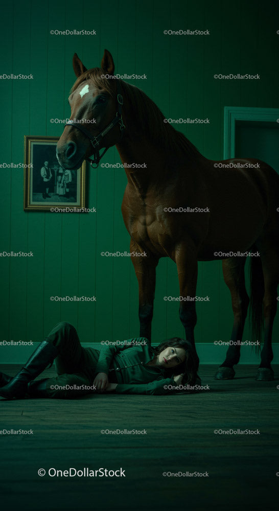 Woman Lying on Floor Beside a Horse in Dramatic Green Room
