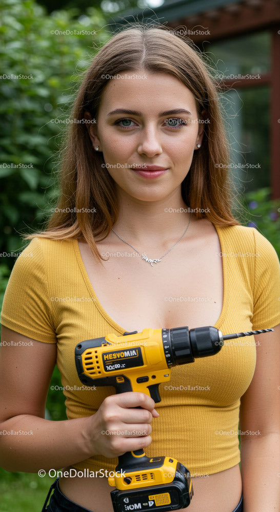 Confident Young Woman Holding a Cordless Drill in Nature