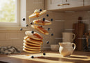 Stack of fluffy pancakes with blueberries and syrup