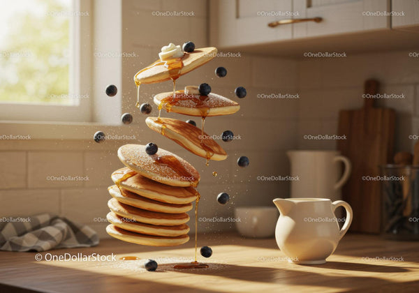 Stack of fluffy pancakes with blueberries and syrup