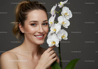 Elegant Woman Holding White Orchid Flower with Smiling Expression