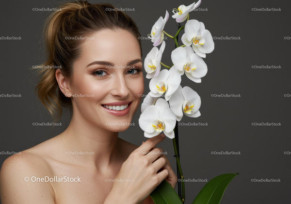 Elegancka kobieta trzymająca białą orchideę z uśmiechem